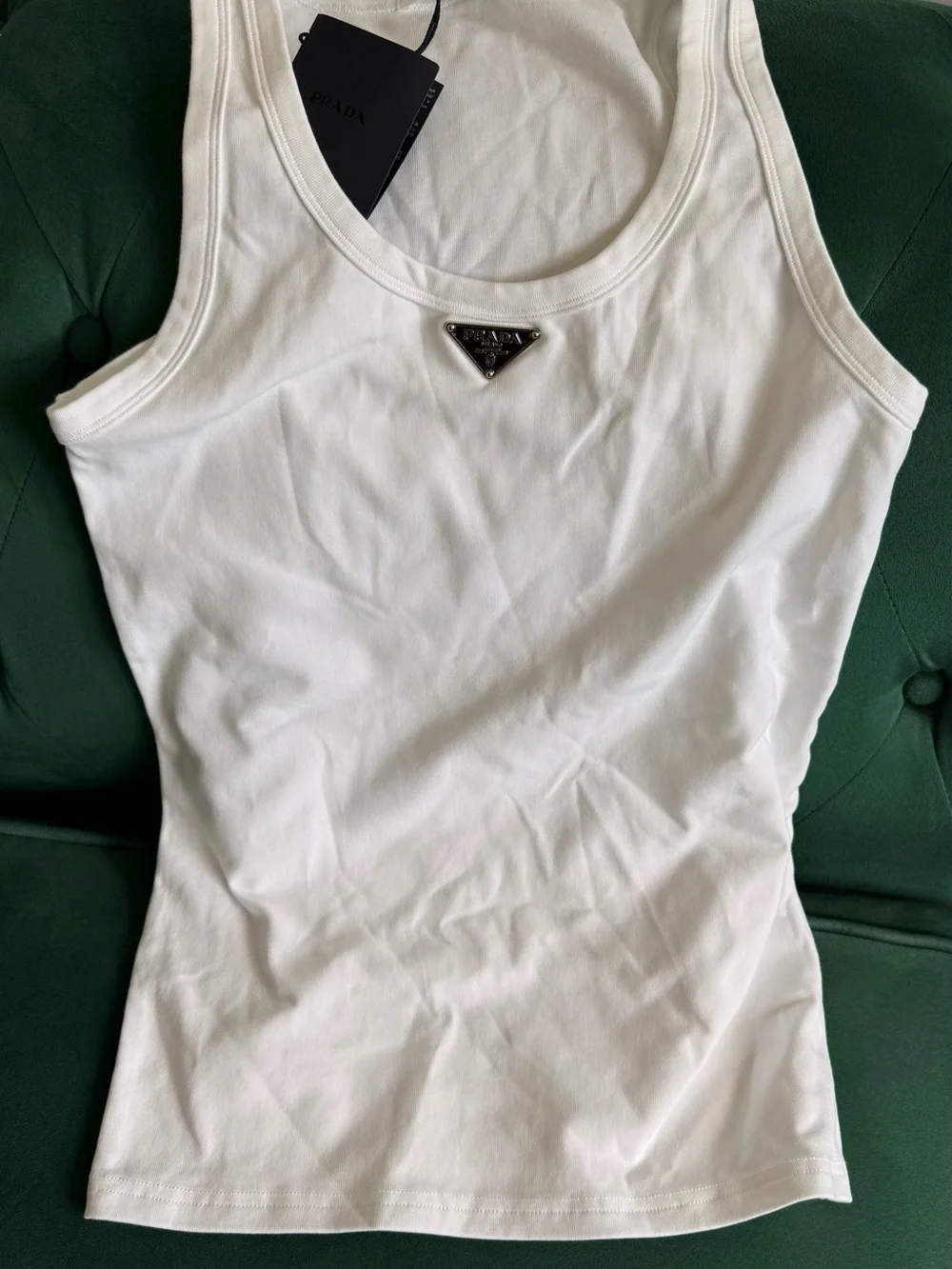 Prada White Tee with Silver-Tone Triangle Plaque